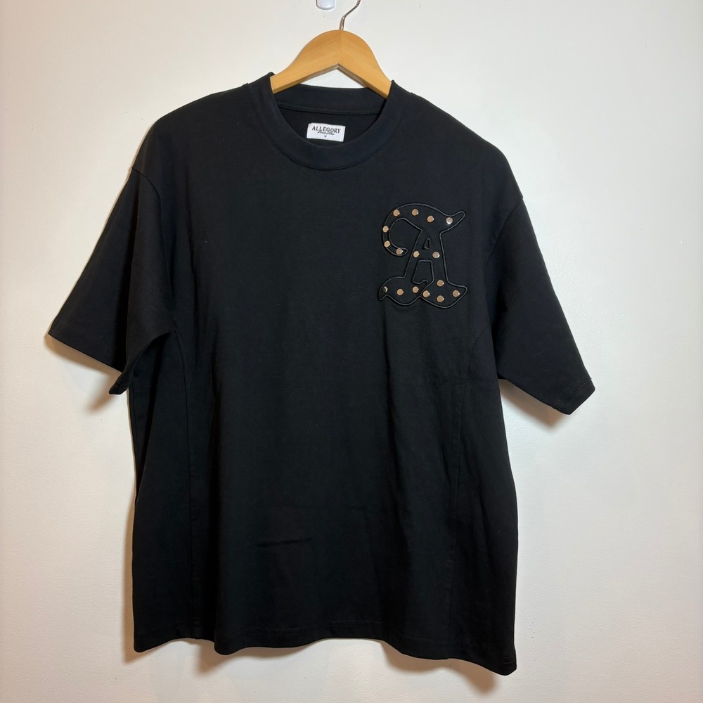 Allegory‎ Mens Medium Black Graphic T Shirt Patch Studded Logo Spell Out Street